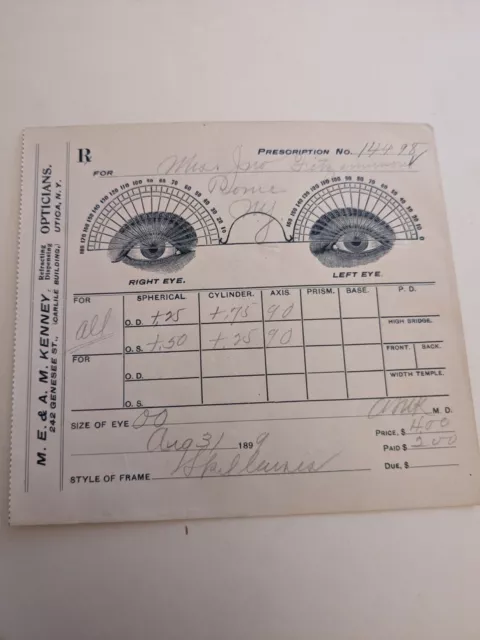 Antique Rx Eye Glass Prescription 1899 Paper Ephemera Steampunk Graphic Utica NY