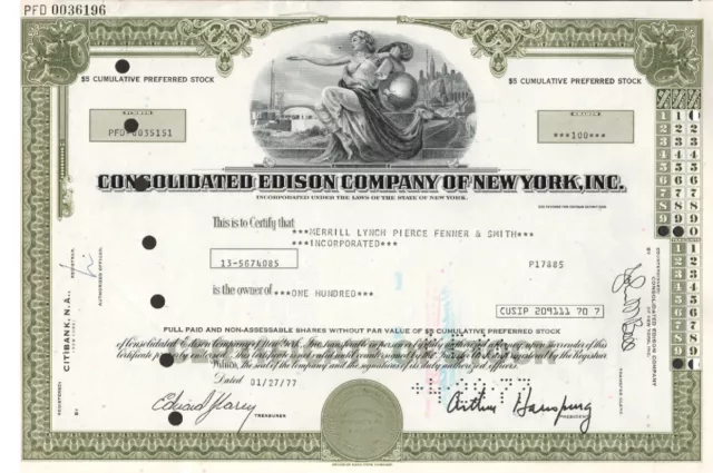 Consolidated Edison Co of N.Y. - Original Stock Certificate -1977 - 35151