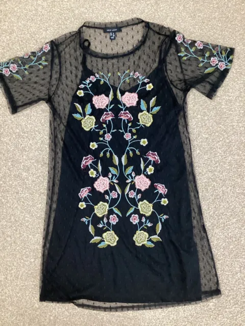 NEW LOOK Ladies Black Floral Embroidered Mesh Overlay + Satin Dress Size 8