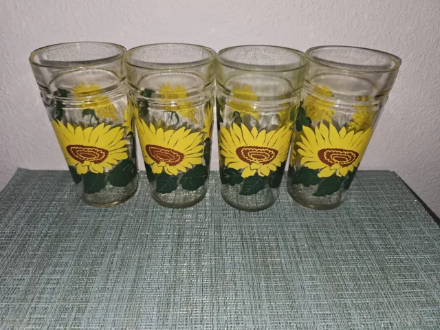 Vtg Anchor Hocking Sunflower Jelly Jar Style Drinking Glasses Set of 7 EUC 6”