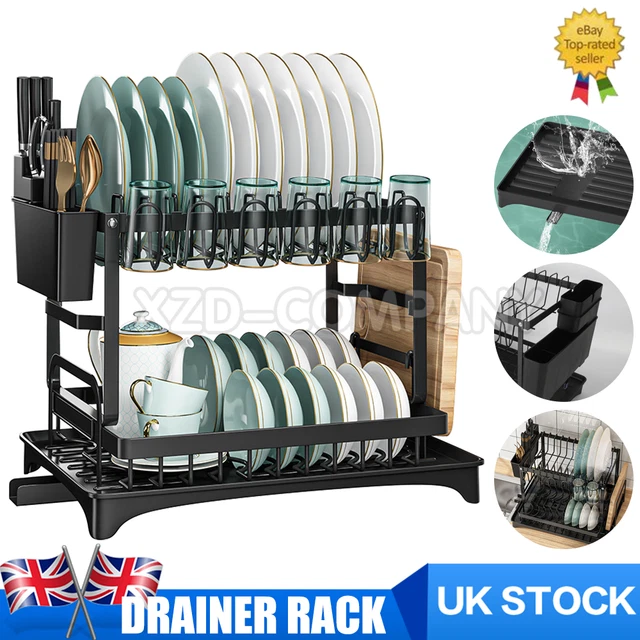 2 TIER KITCHEN Sink Dish Drainer Rack with Drip Tray Cutlery Holder ...