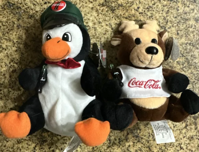 1997 & 1998 Coca Cola Bean Bag Plush Penguin in Delivery Cap & Reindeer