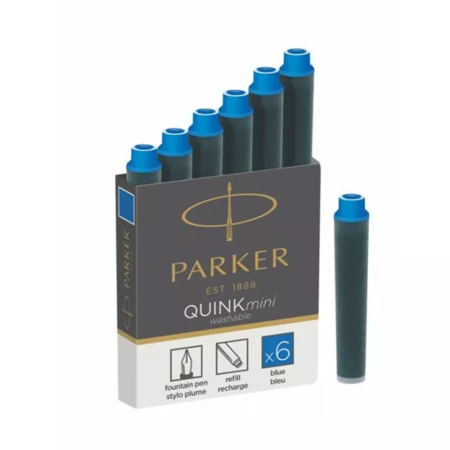 Parker Quink Mini Fountain Pen Ink Refill Cartridges, Blue or Black, 6/Box