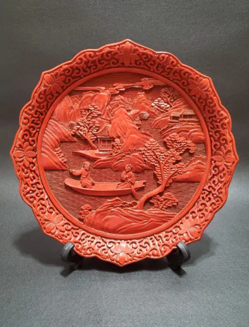 Vintage Chinese Decorative, Carved Faux Cinnabar Red Plate With Stand