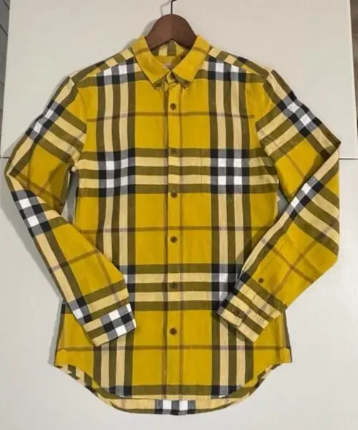 Burberry Brit YELLOW Check Linen / Cotton Button Down  Shirt Long Sleeve SIZE S