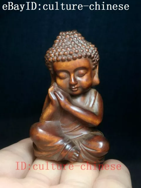 H 2.8 inch Chinese boxwood hand carved Buddhism Sakyamuni Buddha figurine Statue
