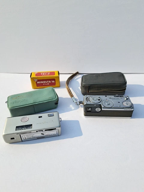 Cámara de película espía automática vintage Mamiya 16 y Minolta 16 con estuche y lote de películas