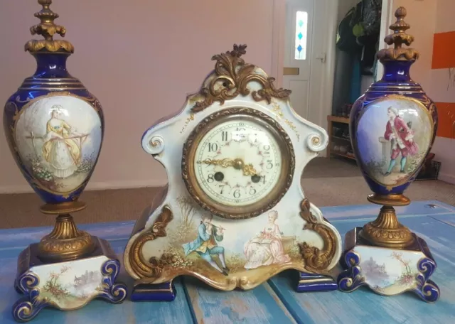 Jacob Petit Hand Painted Antique French Porcelain Mantle Clock Sevres Style Set