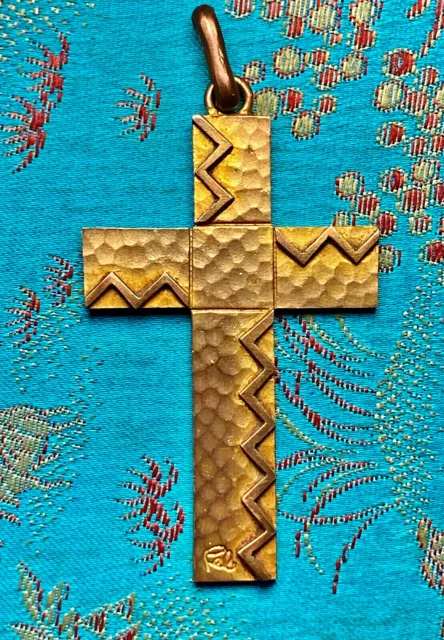 Vtg Mid Century Modernist Pectoral Cross Gold Plate Industrial Crucifix Pectoral