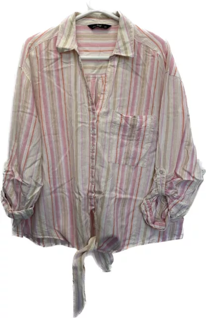 F&F rosa gestreifte Leinenmischung zur Knopfleiste vordere Bluse Größe 14