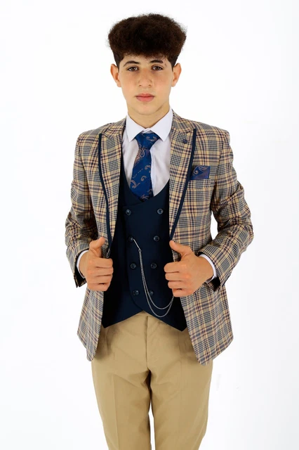Tuta a quadretti a quadretti ragazzo beige navy slim vestibilità pagina ragazzo matrimonio formale set di 3 pezzi