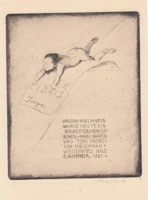 Geburt Radierung Max Schenke 1891-1969 Kleinkind Exlibris 18970