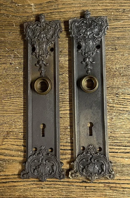 Pair Heavy Antique Elegant Fancy Cast Iron Door Plates