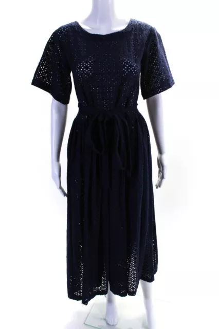 Lisa Marie Fernandez Women's Belted Short Sleeve Broderie Maxi Dress Navy Size 1