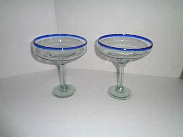 2 HAND BLOWN Mexican Margarita Glass W/ Cobalt Blue Rim.  Beautiful Artistry.