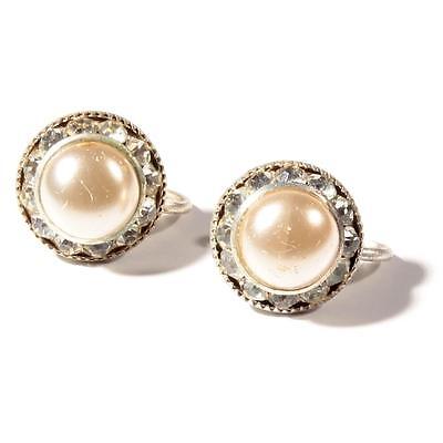 Pair Czech vintage silver tone pearl crystal rhinestone screw back earrings