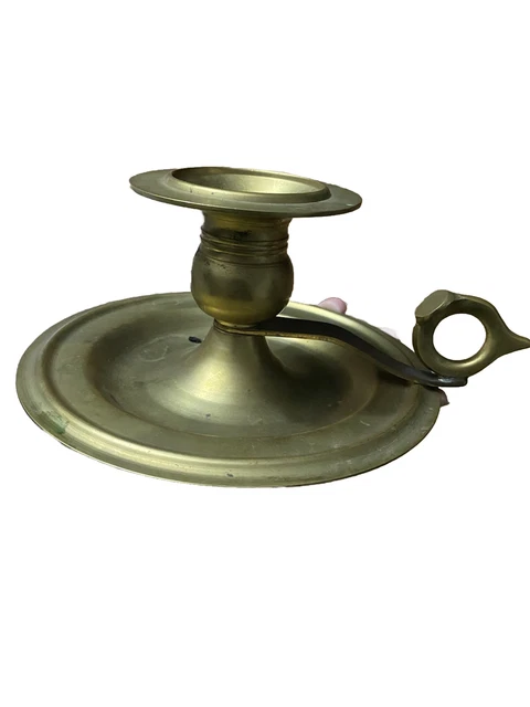 Vintage Brass Chamber Candle Stick Holder With Finger Loop & Drip Tray