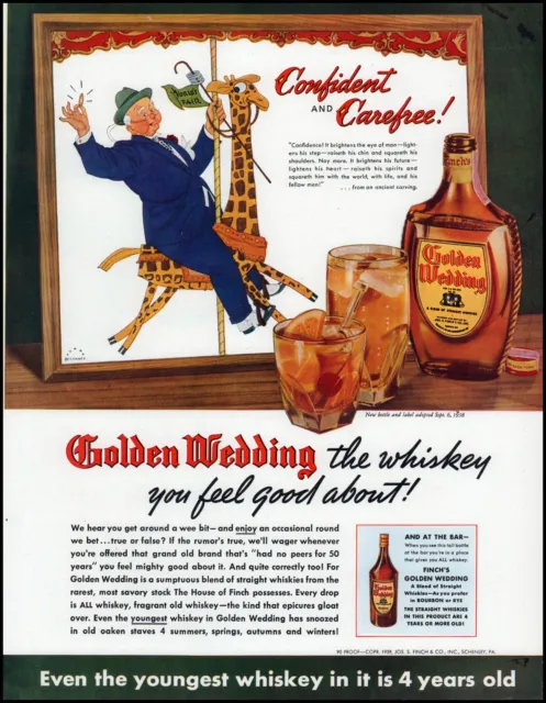 1939 Finch's Golden Wedding whiskey man riding carousel vintage art print ad L49