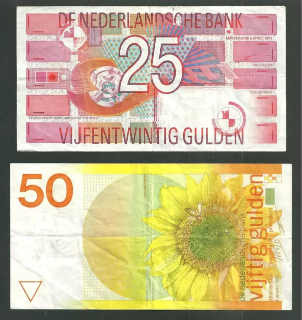 Netherlands 25 & 50 Gulden 1989 1982 P# 100 & 96 Banknotes Currency Paper Money