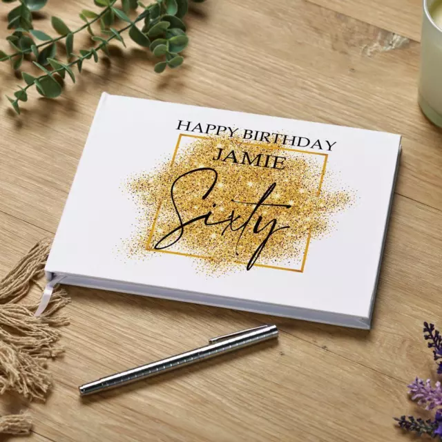 Personalised 60th Birthday Gift Guest Book Gold Sparkles Design GB-177