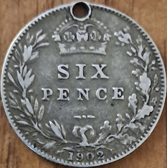 1902 King Edward VII Silver Sixpence, 2.8 g Silver, Pierced as Charm or Pendant