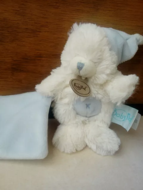 Doudou mouchoir peluche ours blanc bonnet bleu Baby Nat'