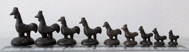RARE!  Bronze Opium Weight Set 9 Chicken Rooster Gamecock Birds