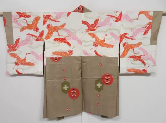 0618i10z470 Vintage Japanese Kimono Silk MEISEN HAORI Light brown-gray