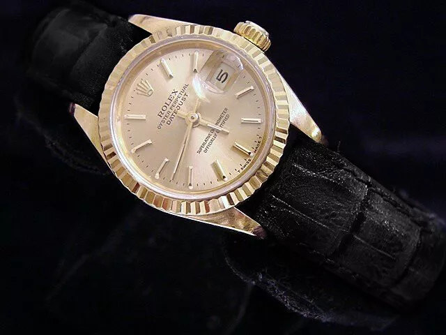 Rolex Datejust Donna Massiccio 18K Oro Giallo Orologio Nero Band Champagne Dial