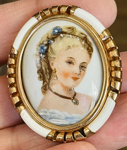 Broche Vintage Limoges – émail Vert, Cristaux Et Relief – Motif Rose