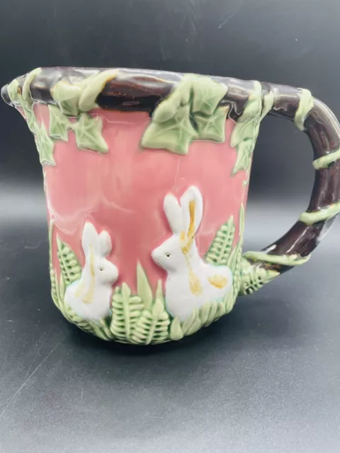 VTG  Nouveau Majolica Rabbit Pitcher CBK LTD 1991 Wanjiang Pink Green Brown Vine