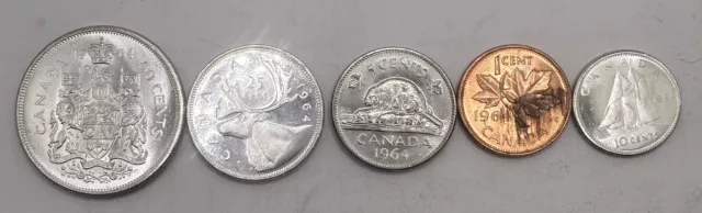 1964 Canadian 5 Coin Proof Set. All End Of The Roll Coins.