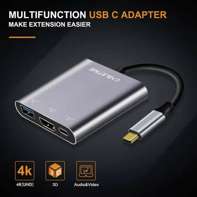 Type C USB 3.1 to USB-C HDMI 4K USB 3.0 Adapter Cable Hub 3 in 1 For Macbook Pro