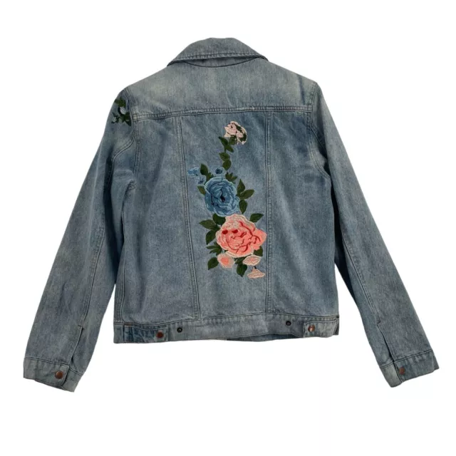 Olivaceous Jean Jacket Women's Size Medium Blue Light Wash Floral Embroidered 2