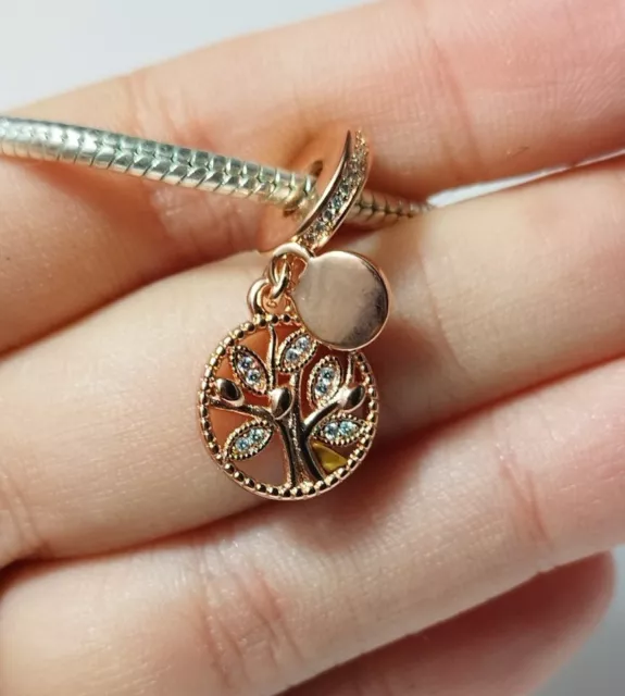 Tree Of Life Family Tree Cz Charm Rose Gold Pendant BEAD S925 fit bracelet