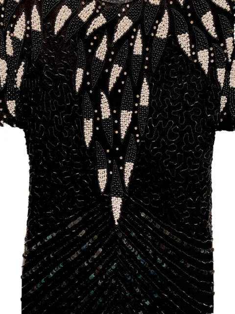 Vtg 80s Sequin Beaded Silk Dress Keyhole Back Black Short Sleeve Elegant Glam M