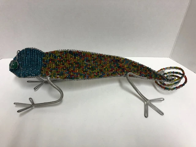 16” Bead And Metal Wire Iguana Lizard Sculptured Art Figurine