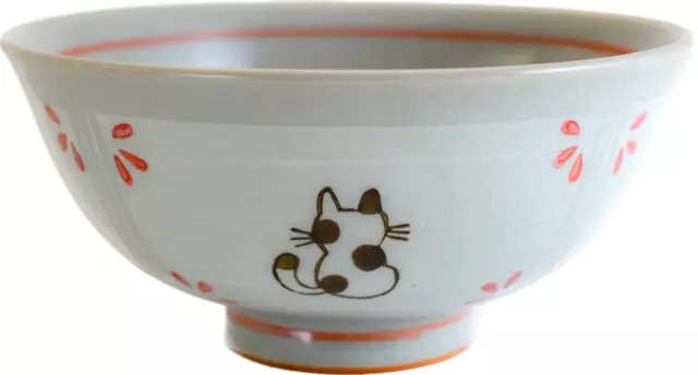 Seto ware Japanese Pottery Rice Bowl Chawan Madori Cat Red Hand Painted Japan