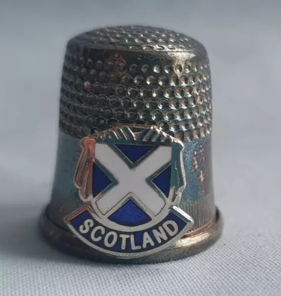 Vintage Metal Thimble with Metal & Enamel Coat of Arms Badge - Scotland