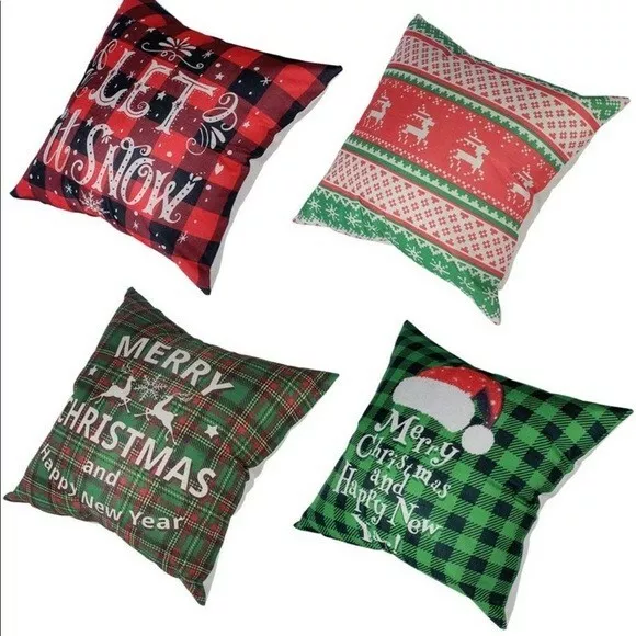 4 Christmas Throw Pillow Covers 18x18 inch Santa Claus Christmas Tree Snow