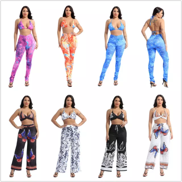 Women's Sexy 2 Piece Pants Set Halter Bikini Top and Pants Suit Outfits Clubwear