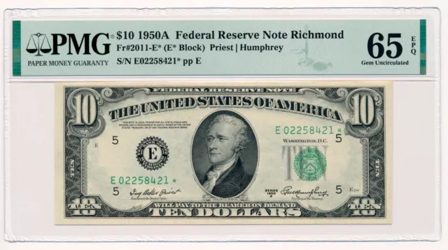 UNITED STATES banknote $10 1950 A STAR NOTE Fr#2011E* PMG MS 65 EPQ Gem Unc