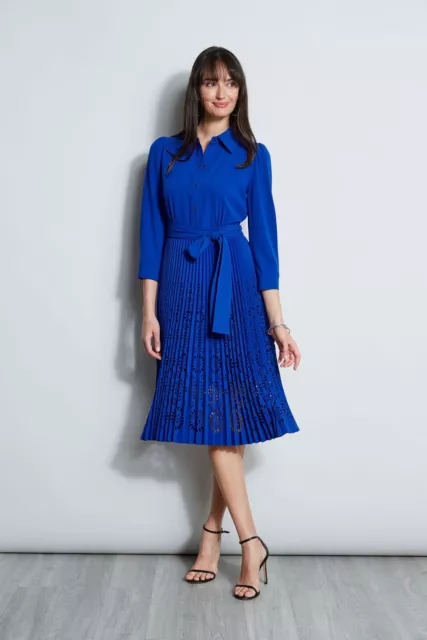 New Elie Tahari Pleated Laser Cut Midi Dress E8147603 Klein Blue - Women’s 16 XL