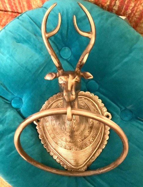 Antique Brass Deer  elk Wall Mounted Hotel Bathroom Towel Ring Holder Rack Vtg