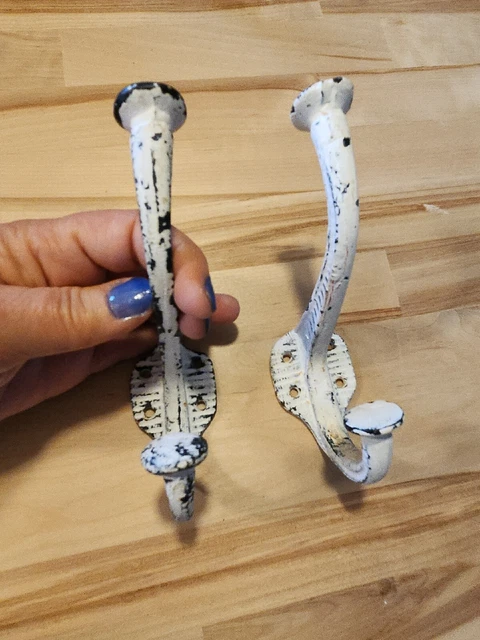 Pair of 2 Cast Iron Coat Wall Hooks 5.5” Long - Double Hook - Painted White