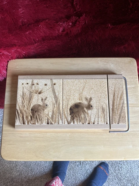 Vintage 70s Cheese Board With Wire Cutter Rabbit Easter  WOOD WOT KNOTS Tile