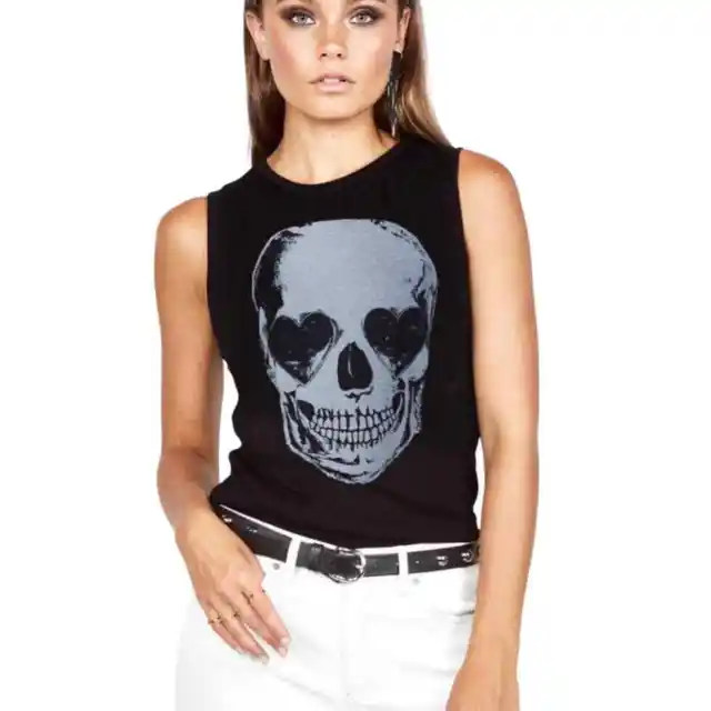 Lauren Moshi Size XS Ashlin Heart Eye Skull Tank Top in Black