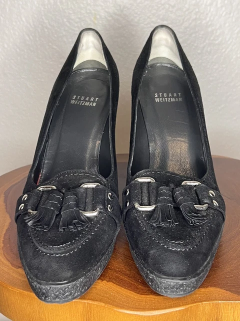 Stuart Weitzman Black Suede Pointed Toe Block Heel Shoes - Womens 6.5
