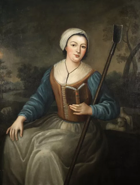 18th CENTURY HUGE FRENCH OLD MASTER OIL ON CANVAS - PORTRAIT OF A SHEPHERDESS