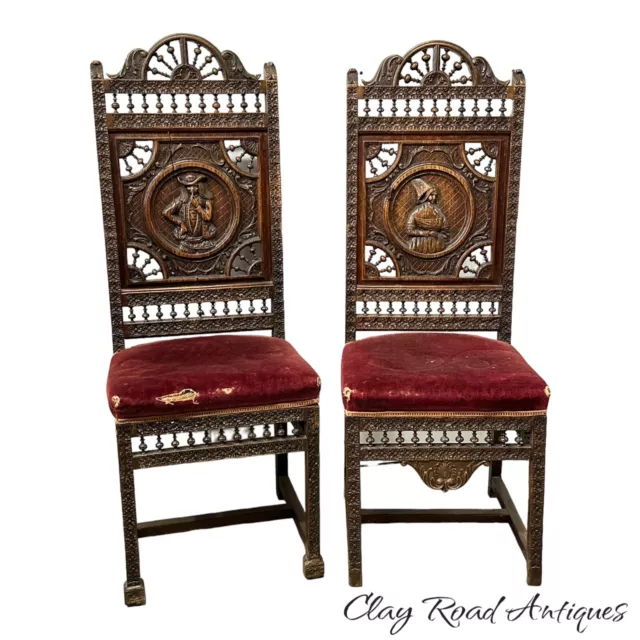1800s walnut heavily carved figural chairs french victorian his & hers pair